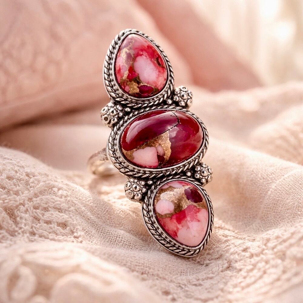 Rose Dahlia Three Stone Ring Southwestern Sterling Silver Size 8 Boho Handmade